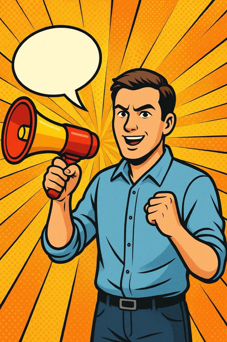 Pop-art illustration of a person shouting into a megaphone with an empty speech bubble beside them.
