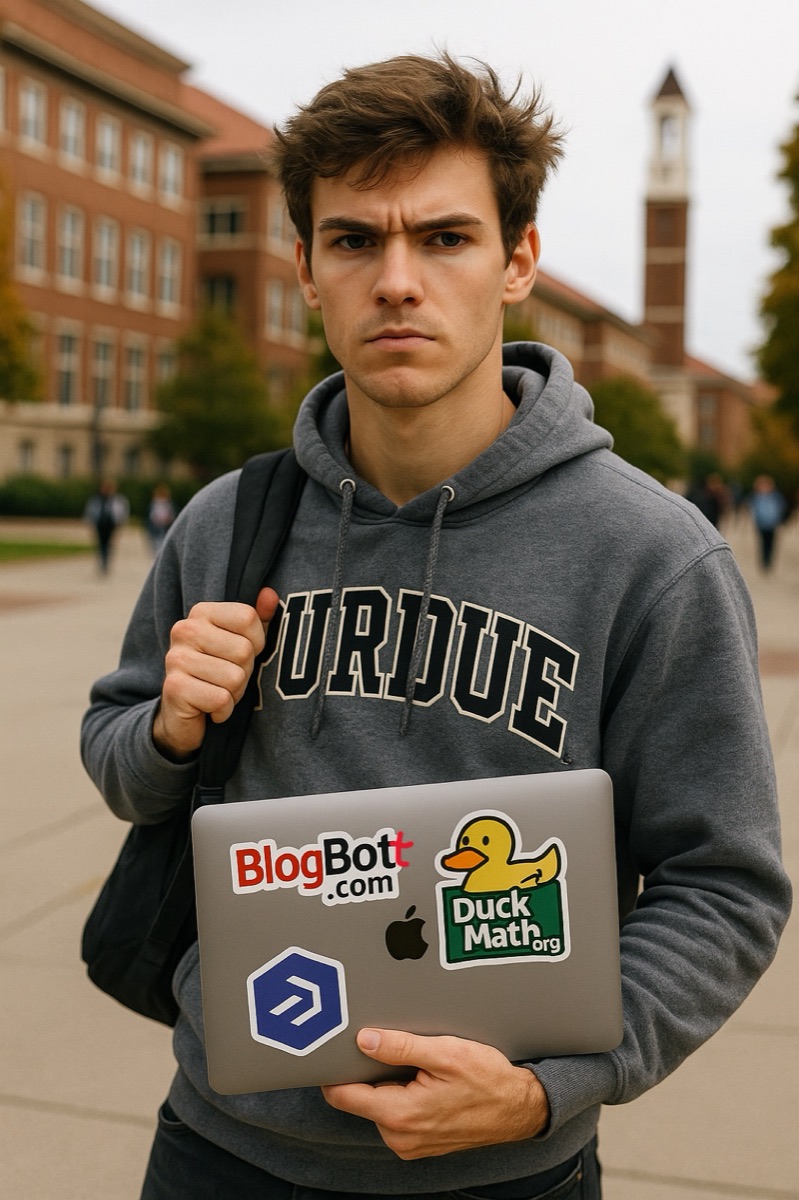 Illustration of a student in a Purdue hoodie holding a laptop covered in DuckMath and BlogBott stickers.