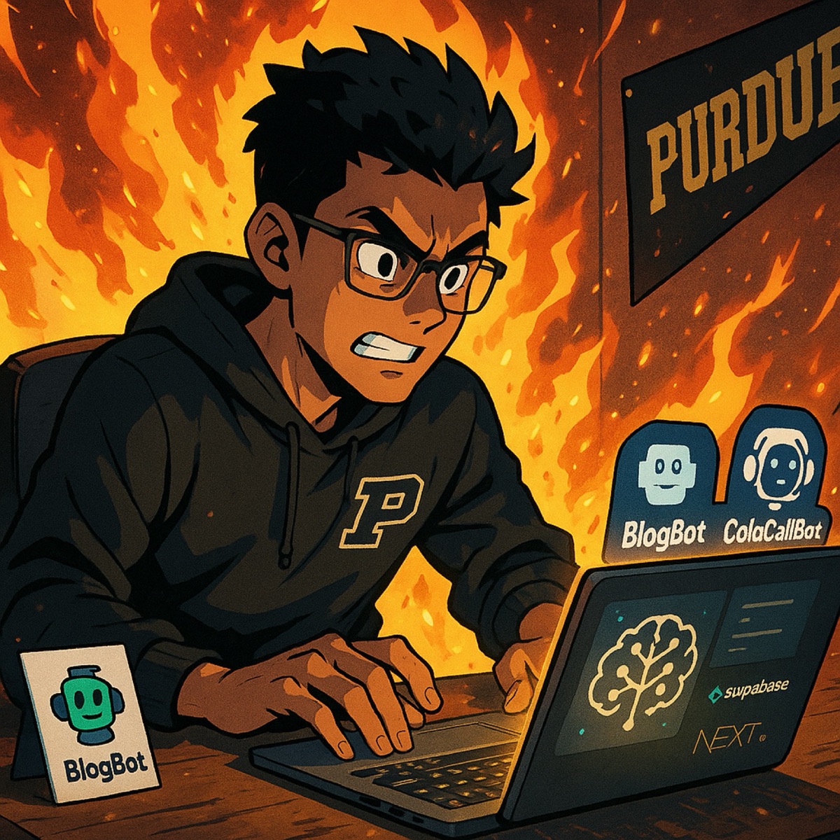 Illustration of a developer hunched over a laptop in front of a wall of flames, BlogBott and ColdCallBot logos beside them.