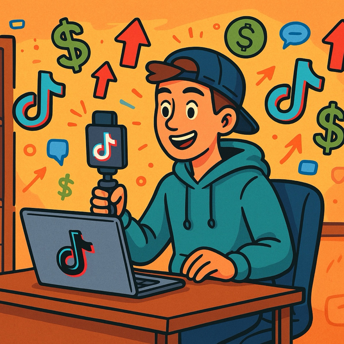 Illustration of a creator at a laptop holding a microphone stamped with the TikTok logo, surrounded by dollar signs and rising arrows.