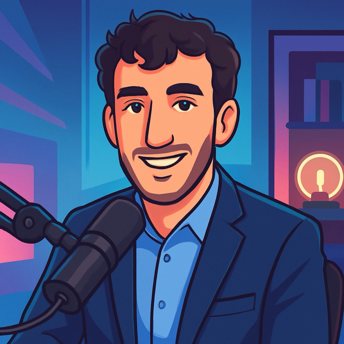 Illustration of a founder speaking into a podcast microphone in a blue-lit room.